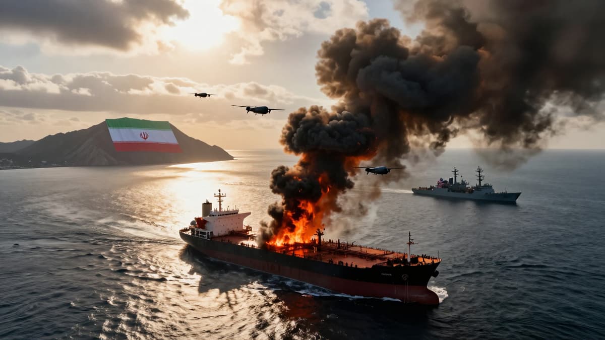 A burning oil tanker surrounded by military drones with flags of Iran and USA in the background.