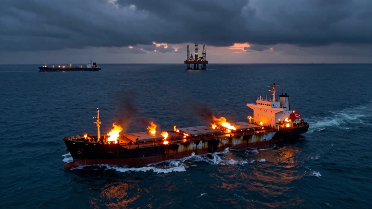 A fire-damaged cargo ship in the Strait of Hormuz surrounded by oil tankers and storm clouds.