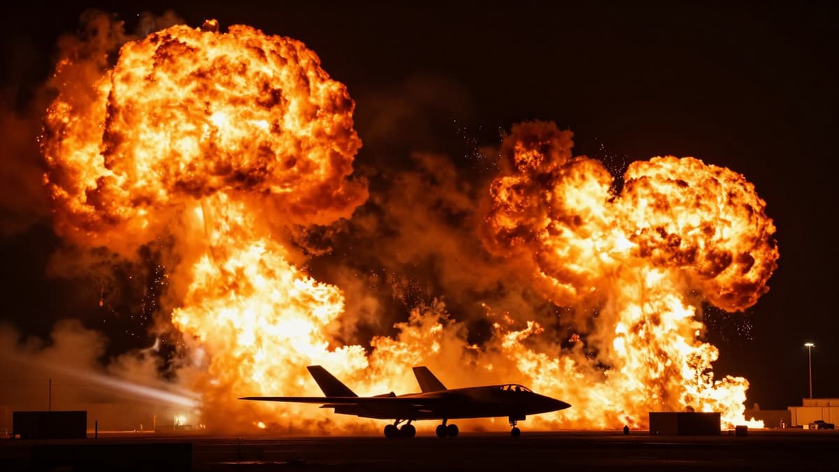 Massive explosions illuminate the night sky over a military airbase as a stealth bomber flies nearby.