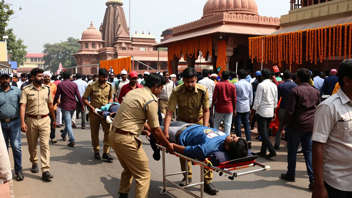 Emergency responders assist victims at a crowded Indian temple festival following a stampede.