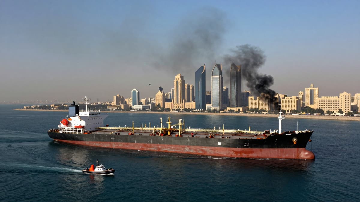 Smoke rising from a damaged Kuwaiti oil tanker in Dubai waters during an armed conflict.