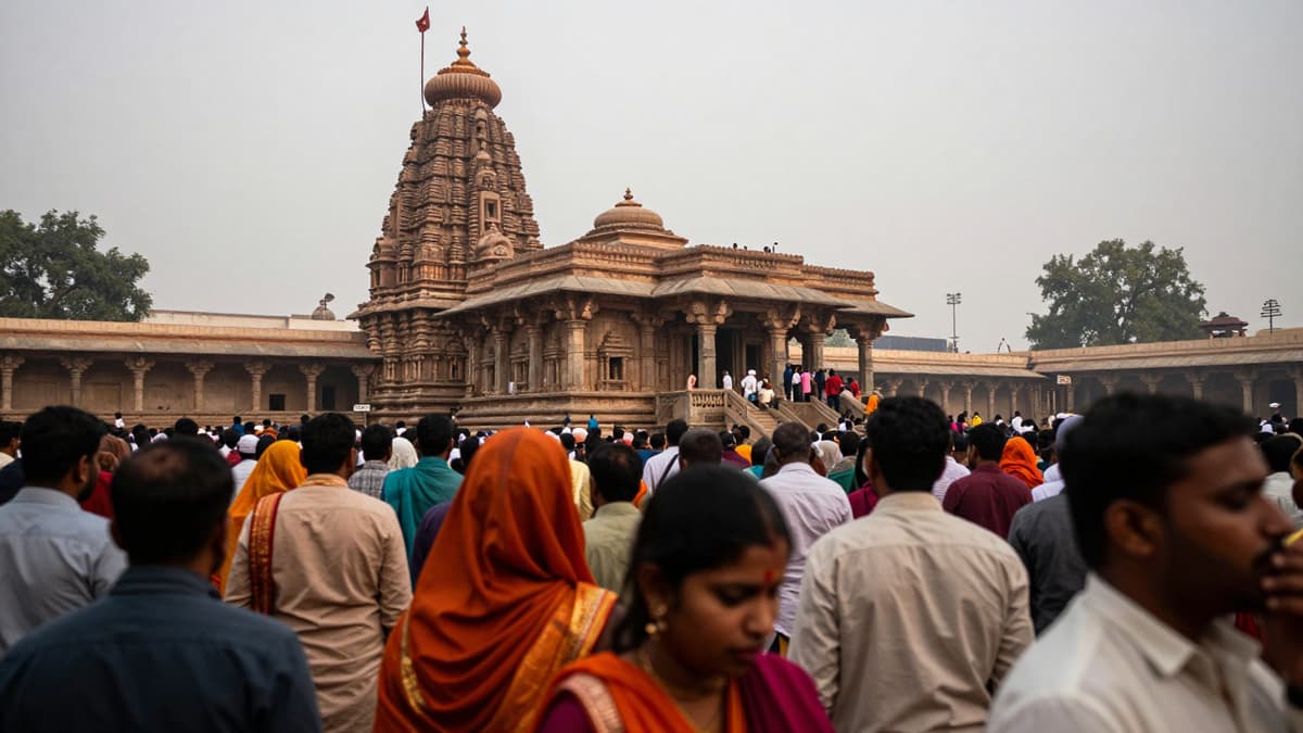 Devotees gathered in a crowd at the Sheetla Mata Temple during a tragic event, highlighting the religious site involved.