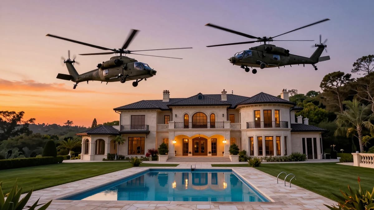 Military helicopters hovering over a mansion pool area during a sunset sky.
