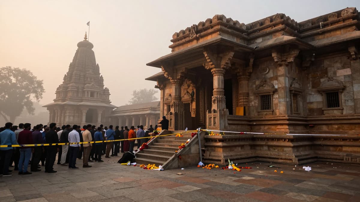 Solemn scene of the Sheetla Mata temple entrance with fallen barriers and flowers marking the site of a tragic crowd disaster.