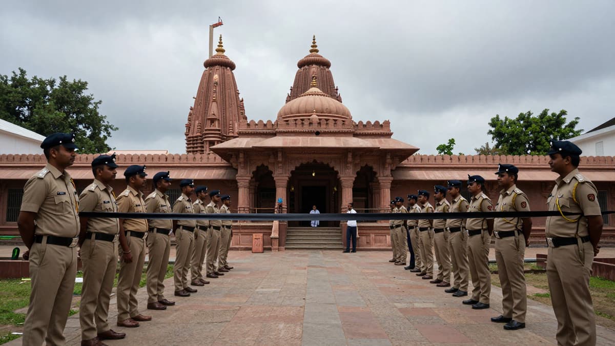 Police cordon and uniformed officers guarding the entrance of a temple during a tragic incident in Bihar.