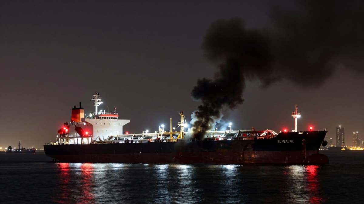 A Kuwaiti oil tanker al-Salmi on fire in Dubai waters during the conflict.
