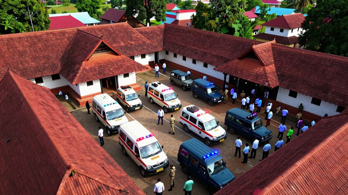 Emergency vehicles and responders manage a crowd at a rural Indian temple complex following a disaster.