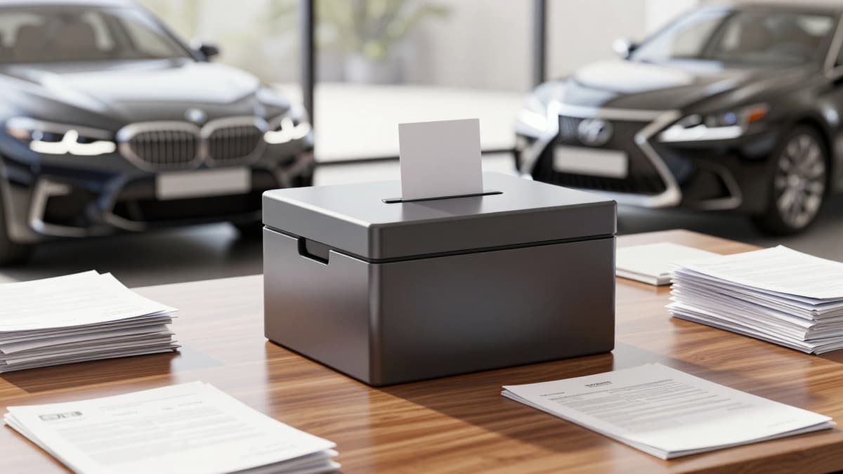 Modern ballot box on a desk with luxury cars in the background representing wealth and election processes.