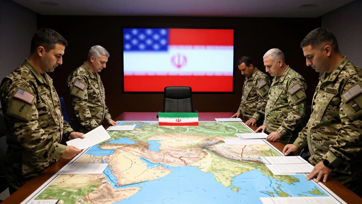 Military officials reviewing a map of the Middle East and oil routes in a tense briefing room setting.