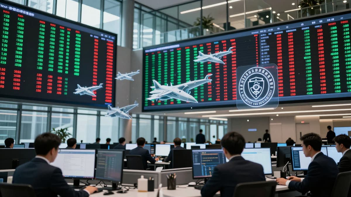 Modern financial trading floor with digital stock charts and military defense icons representing market scrutiny.