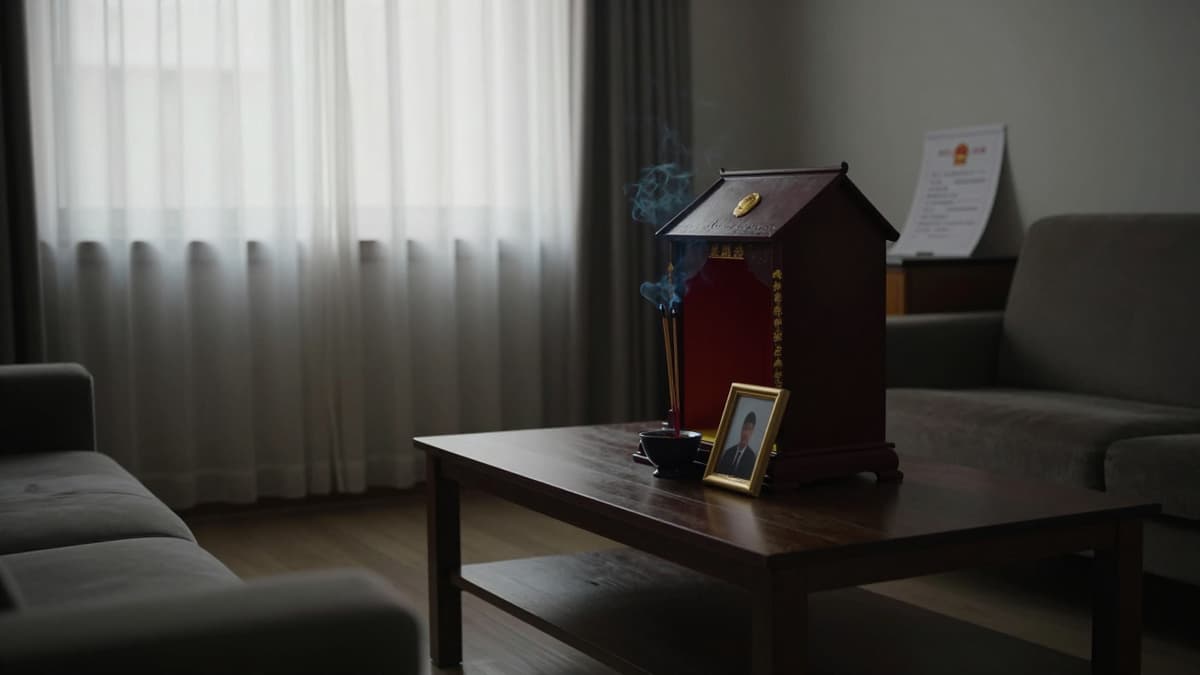 Empty Chinese apartment room with ancestral shrine and incense.