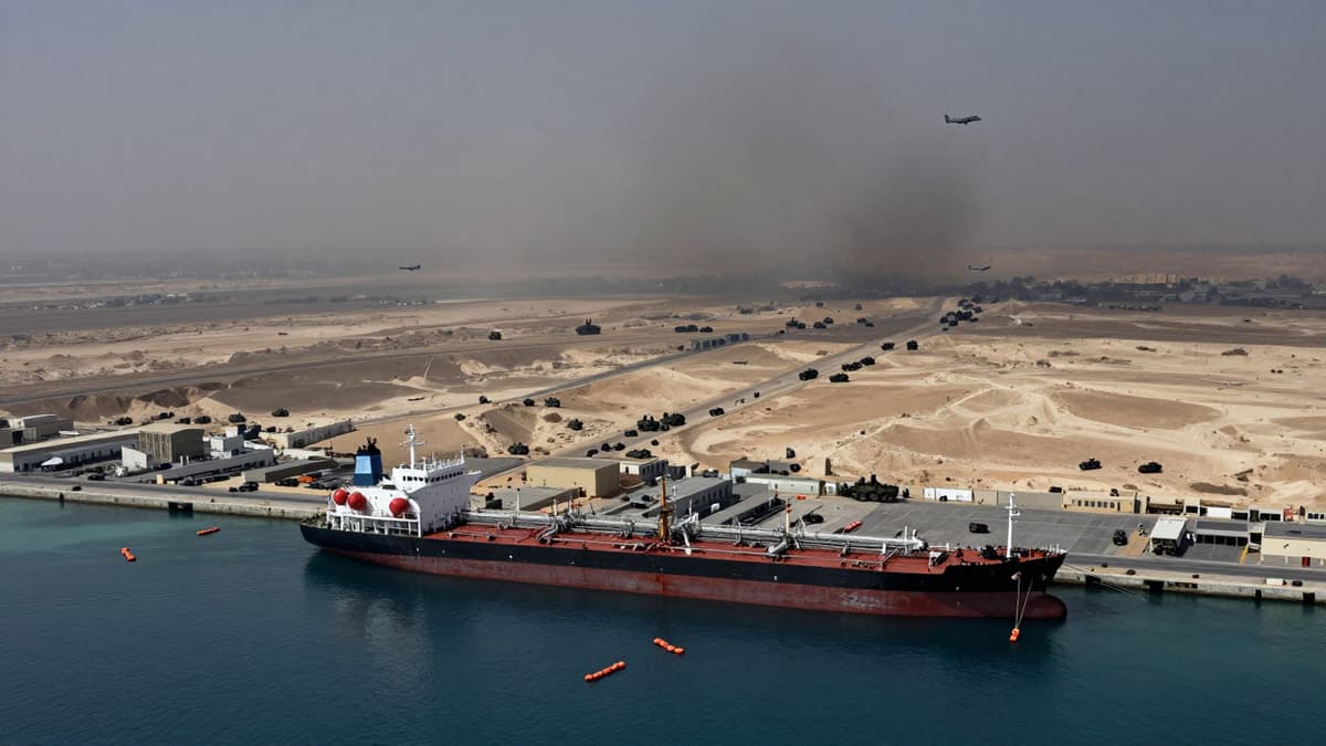 Aerial view of southern Lebanon border with military presence and a docked oil tanker under stormy skies.
