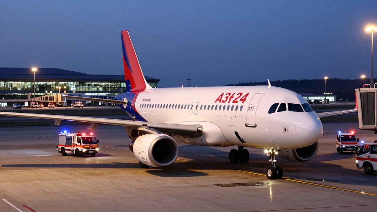 Air India Express plane on tarmac surrounded by emergency vehicles at dusk.