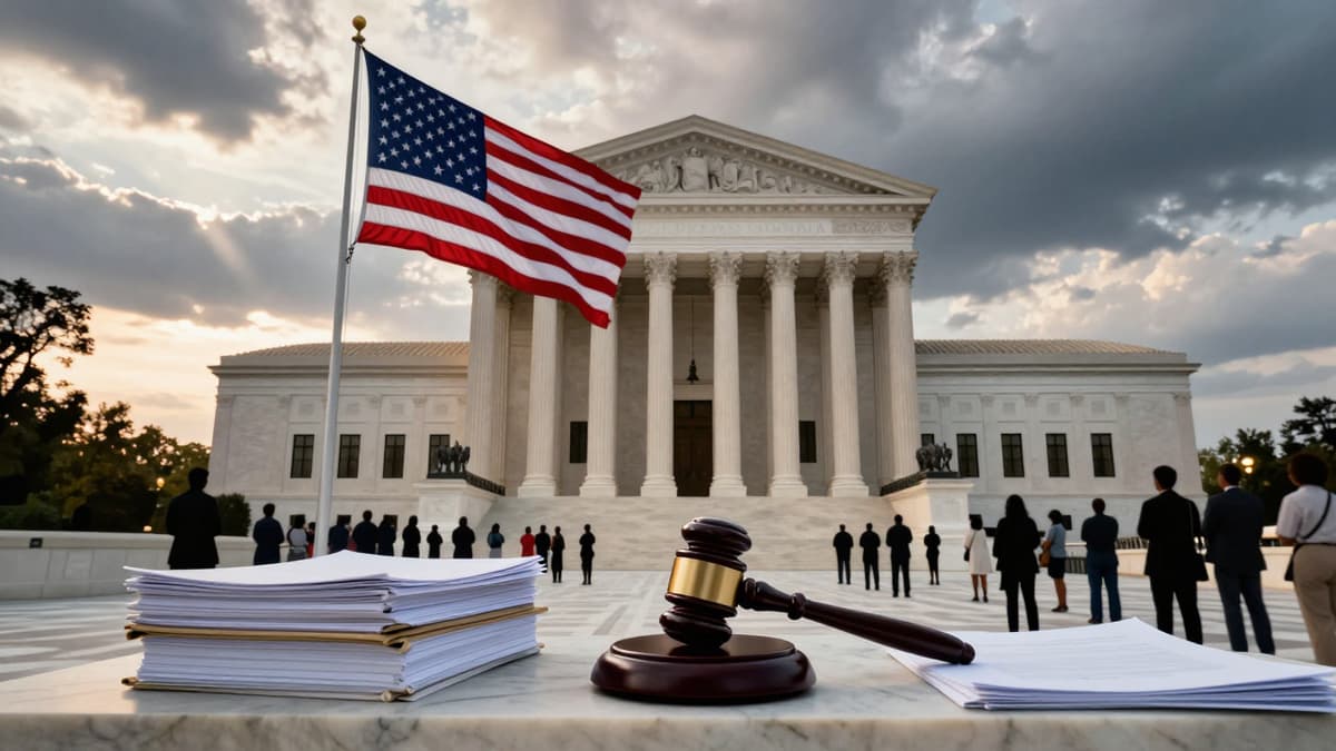 Supreme Court building exterior with American flag and legal documents under a dramatic sky.