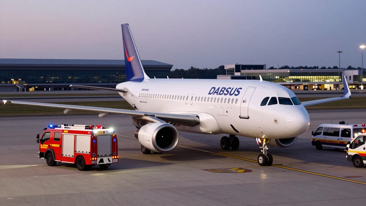 Air India Express aircraft on tarmac with emergency services responding after a safety incident.