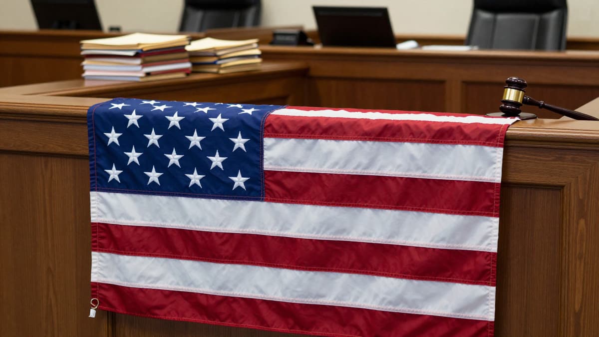 A blurred courtroom scene with an American flag, legal files, and a gavel symbolizing the FBI agents lawsuit and constitutional proceedings.