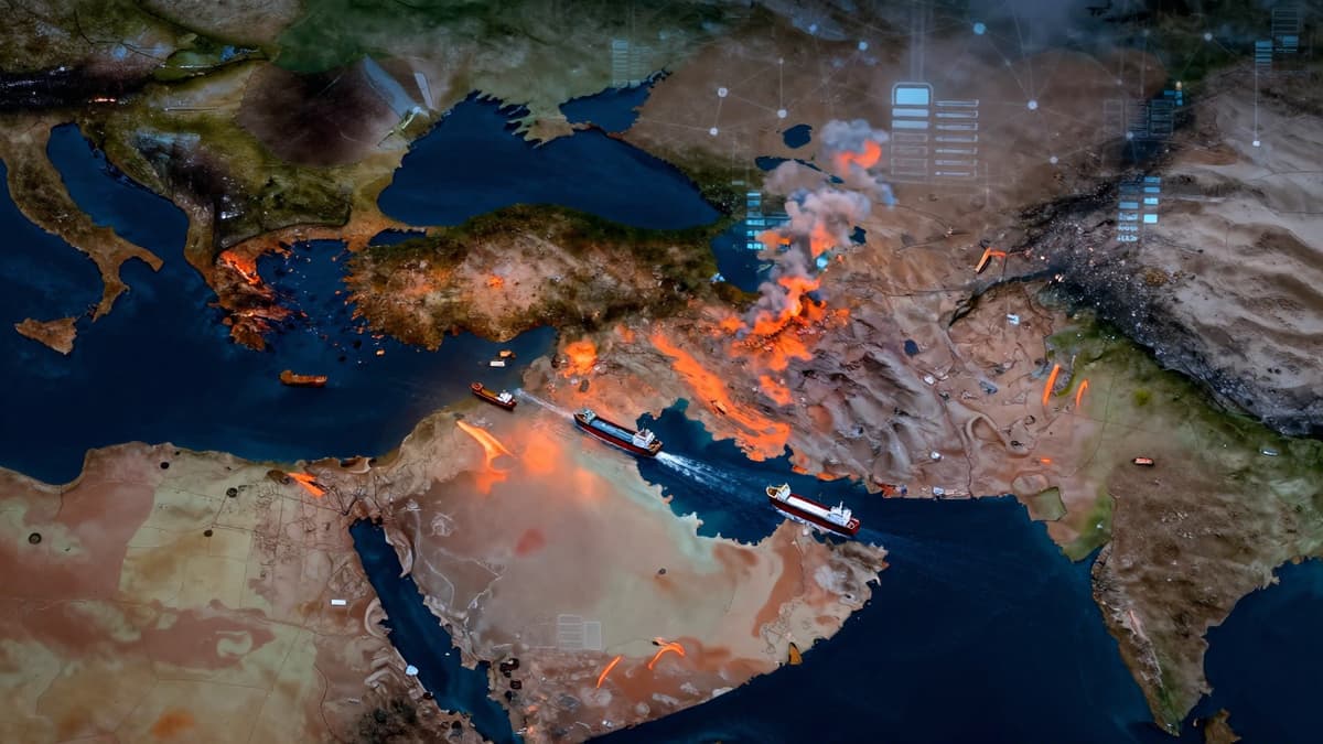 Digital overlay on a map of the Middle East near the Strait of Hormuz showing ships and server icons amidst conflict smoke.