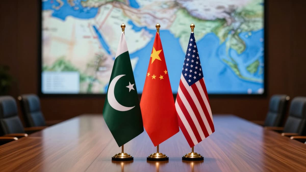 Diplomatic meeting scene with Pakistan, China, and US flags discussing the Strait of Hormuz.