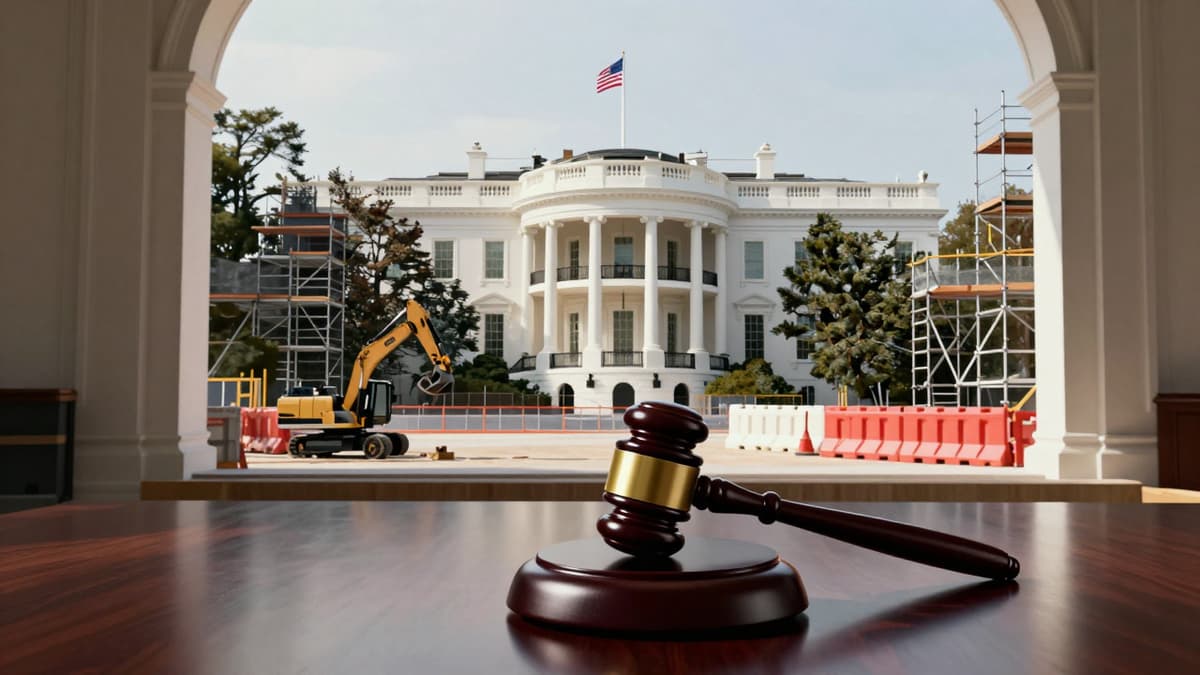 Construction barriers and scaffolding surrounding the White House ballroom site with a gavel in the foreground symbolizing the legal halt.