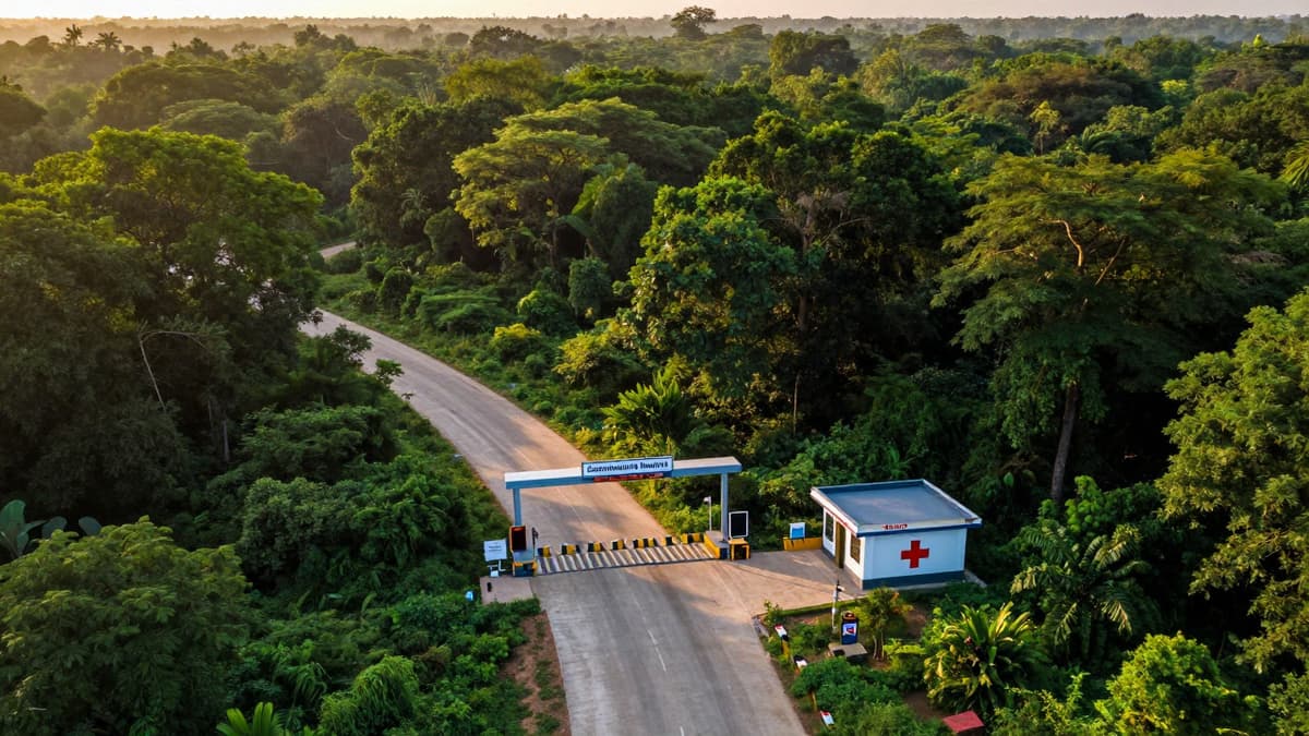 A new road and police checkpoint in a dense Chhattisgarh forest at sunset, symbolizing government development and security.