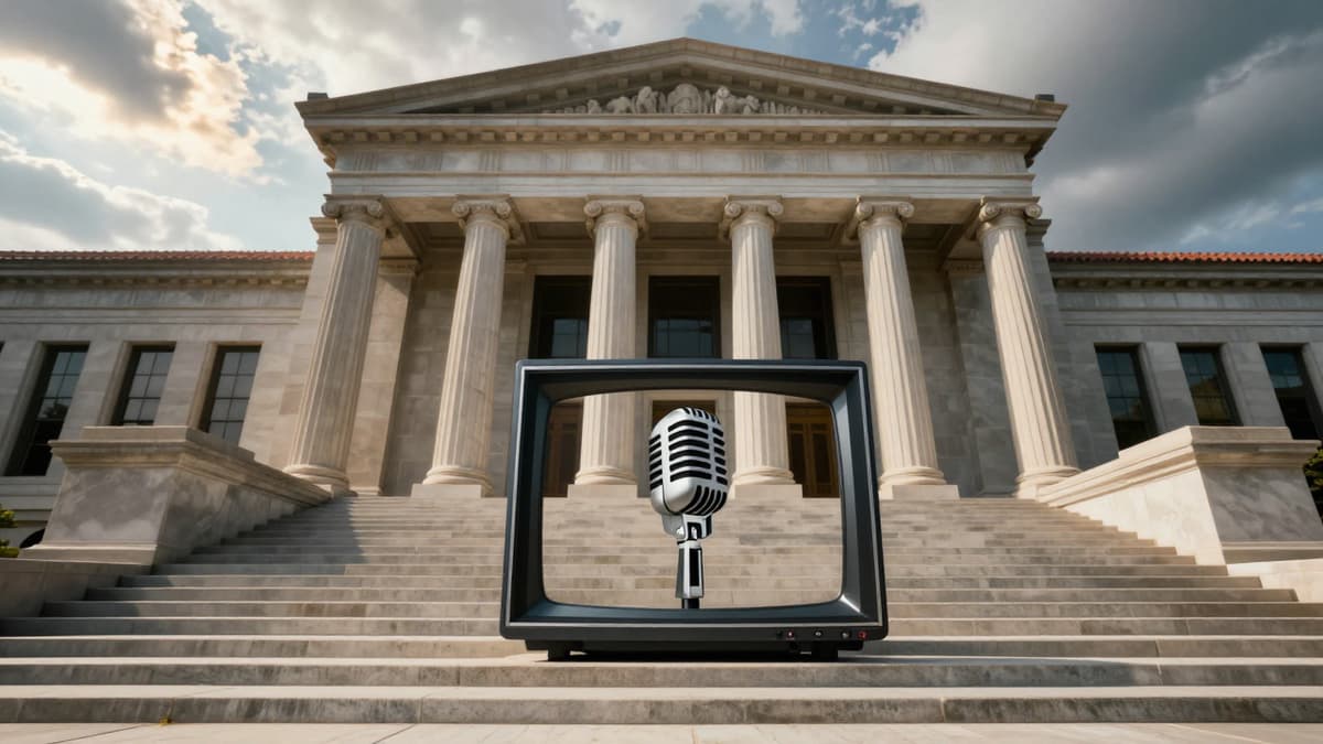 A photorealistic courthouse exterior with abstract broadcasting symbols on the steps, symbolizing the intersection of law and media rights.