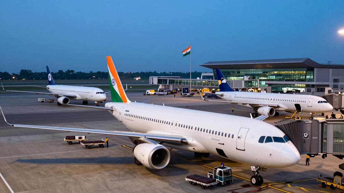 Airplanes and ground staff at an Indian airport tarmac with the national flag visible in the background.