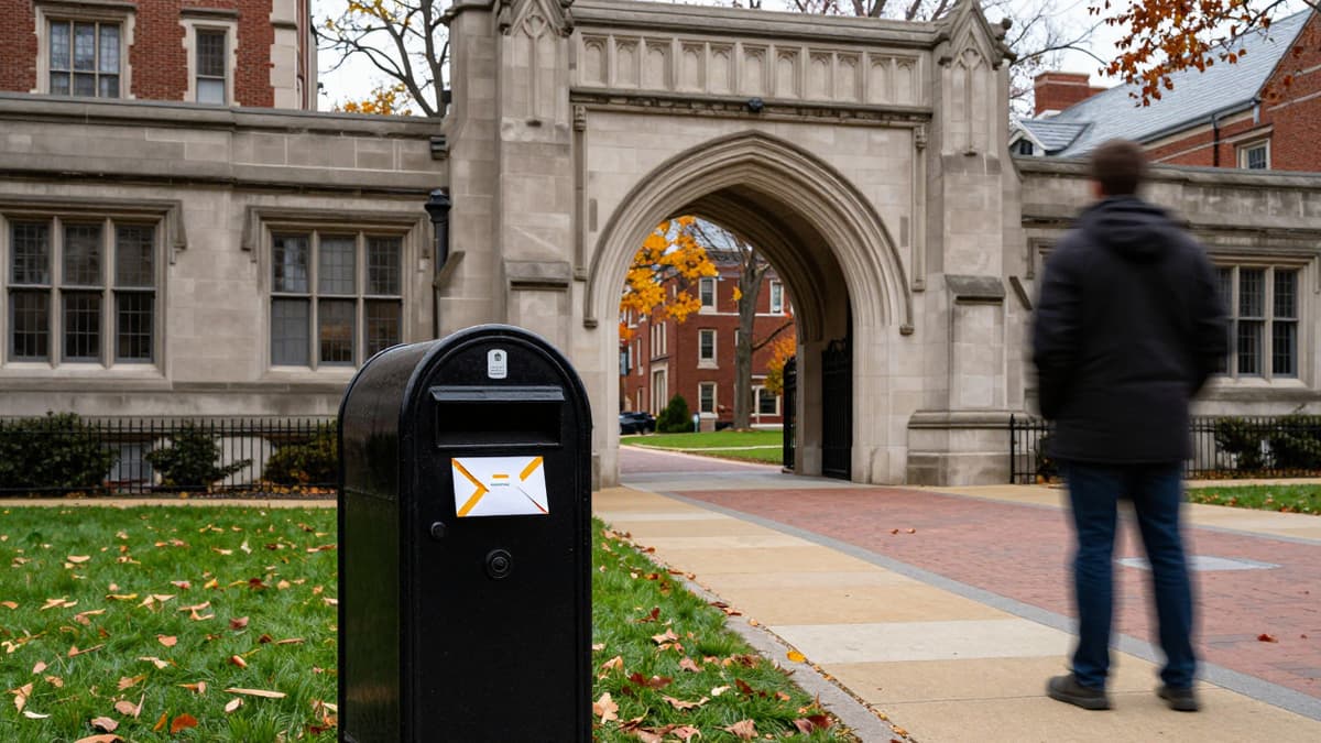 University of Pennsylvania campus entrance with a government envelope near a mailbox symbolizing a federal data request.