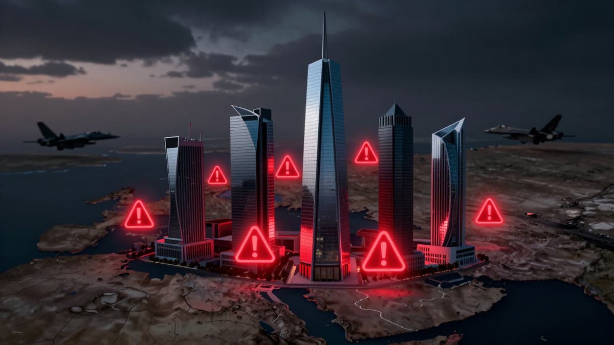 Digital map of the Middle East with red warning icons over corporate silhouettes representing tech targets.