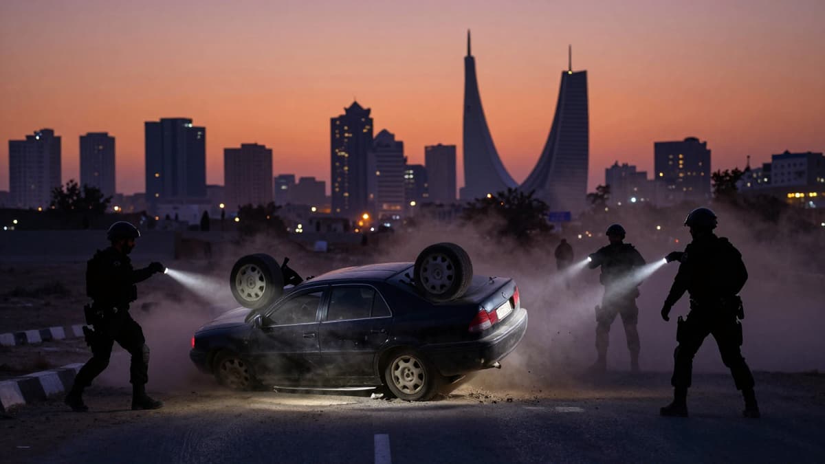 Photorealistic scene of a police pursuit in Baghdad where a kidnapper's vehicle overturned on the road at dusk.