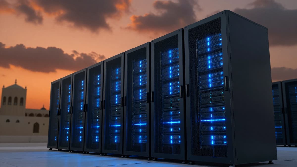 Server towers in a Middle Eastern cityscape at dusk symbolizing the intersection of technology and conflict.