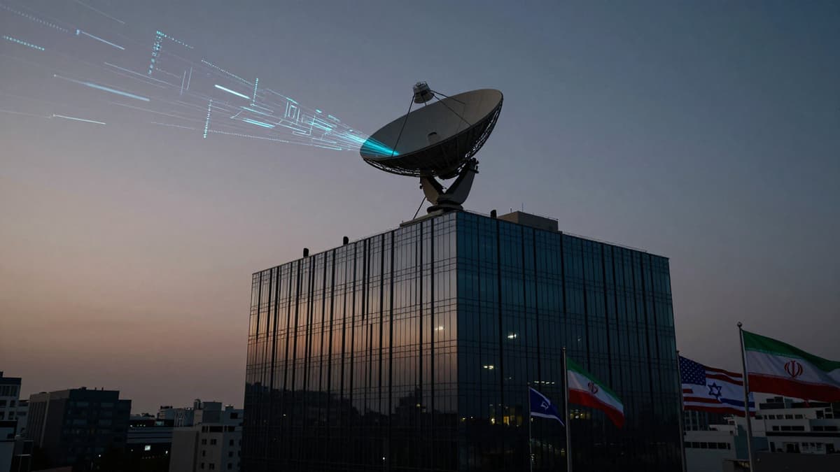 Silhouette of corporate building with flags and data streams symbolizing tech warfare