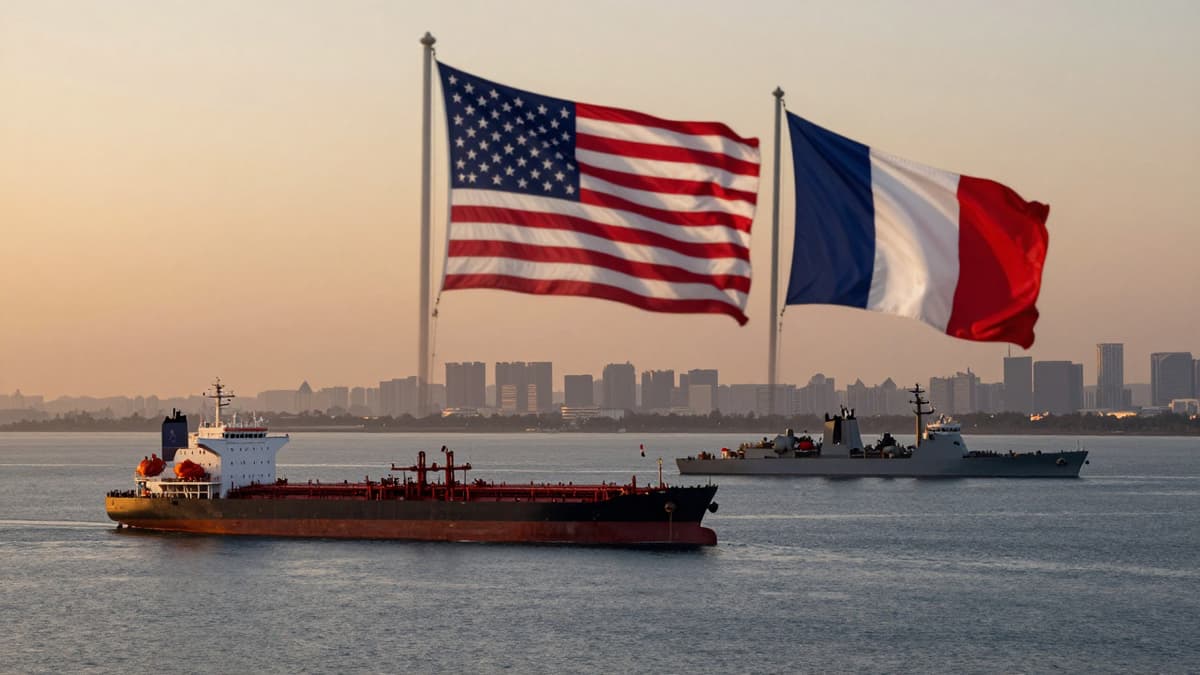 Oil tankers in the Persian Gulf with American and French flags waving against a twilight sky.
