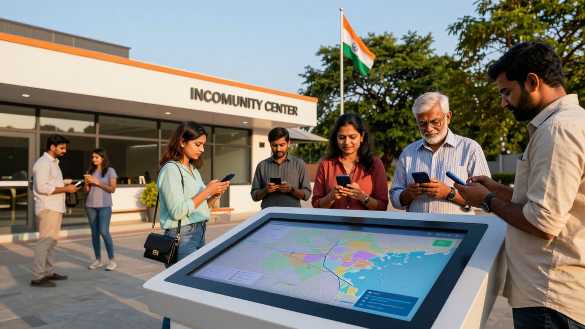 Indian citizens using mobile devices at a digital census kiosk outside a community center under a clear sky.