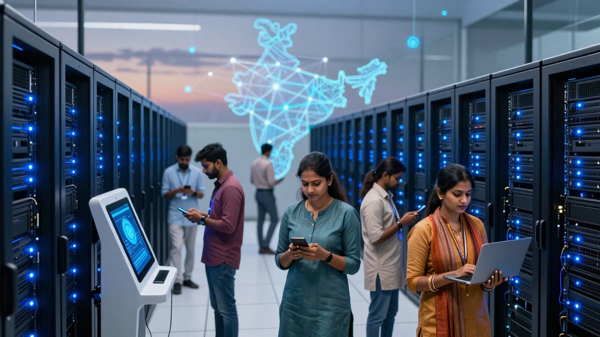 Citizens using mobile devices at a digital interface during a national census operation.