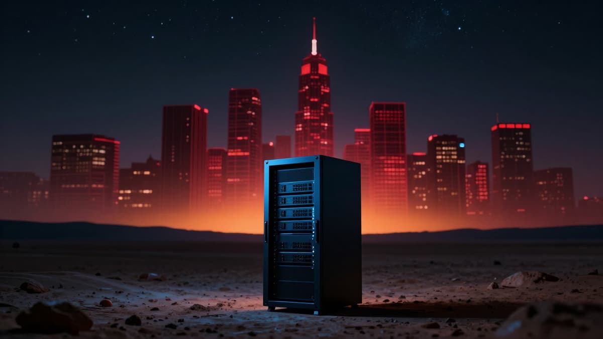 Dark server rack in desert under digital grid overlay symbolizing tech threat.