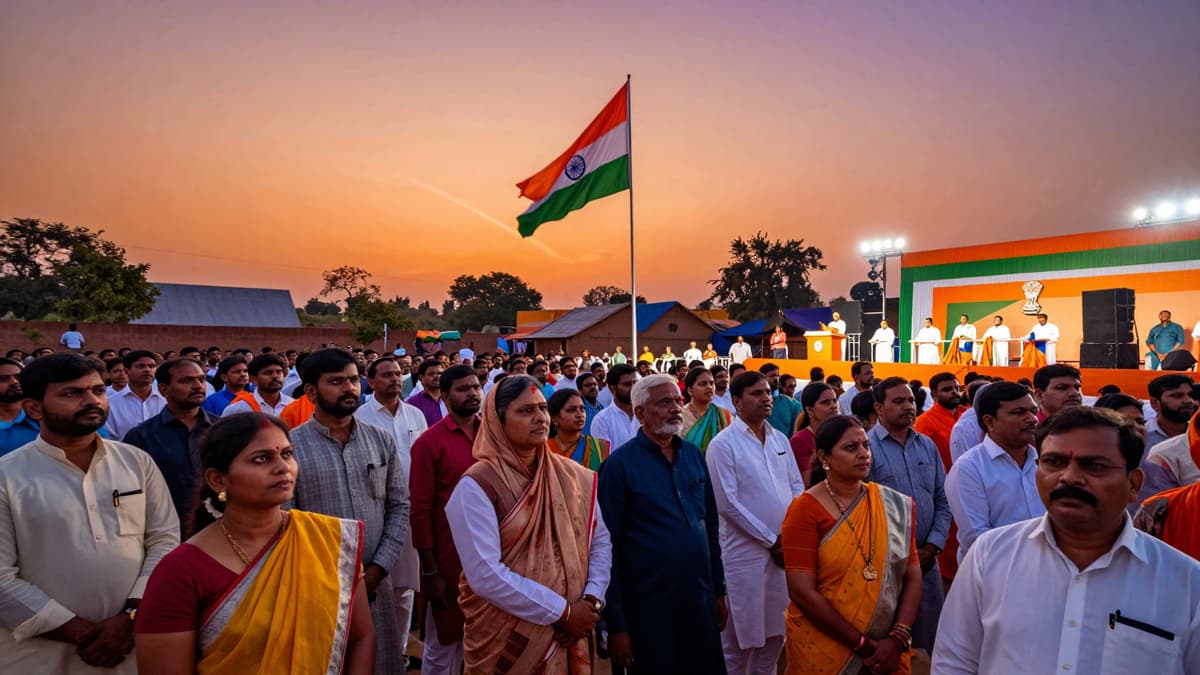 A crowd of Indian citizens at a rural rally watching a leader speak with the national flag in the background.