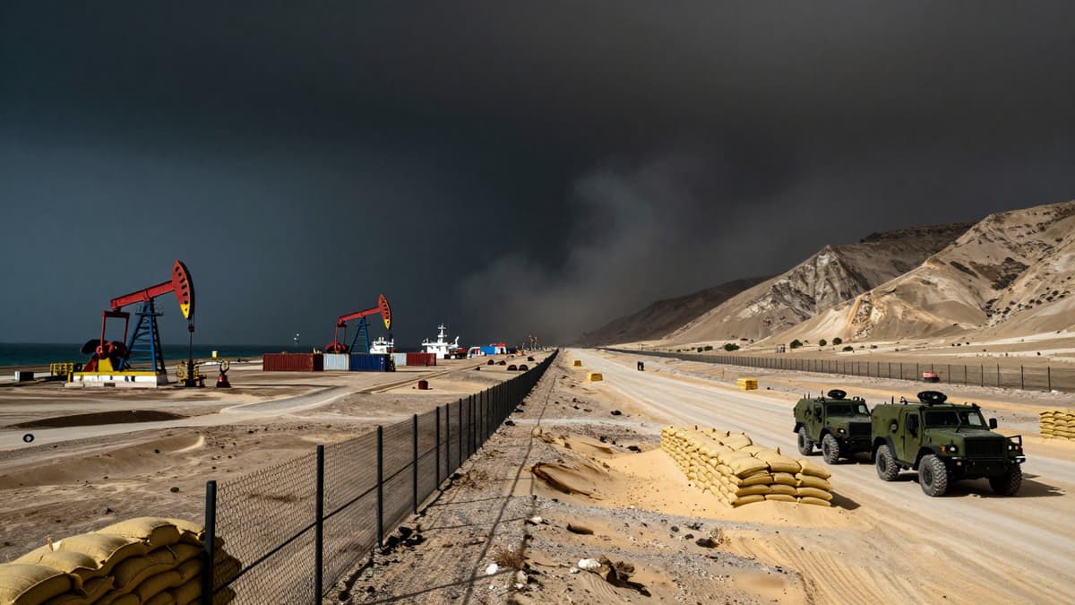 Split view showing oil production disruption and a military buffer zone in a conflict zone.