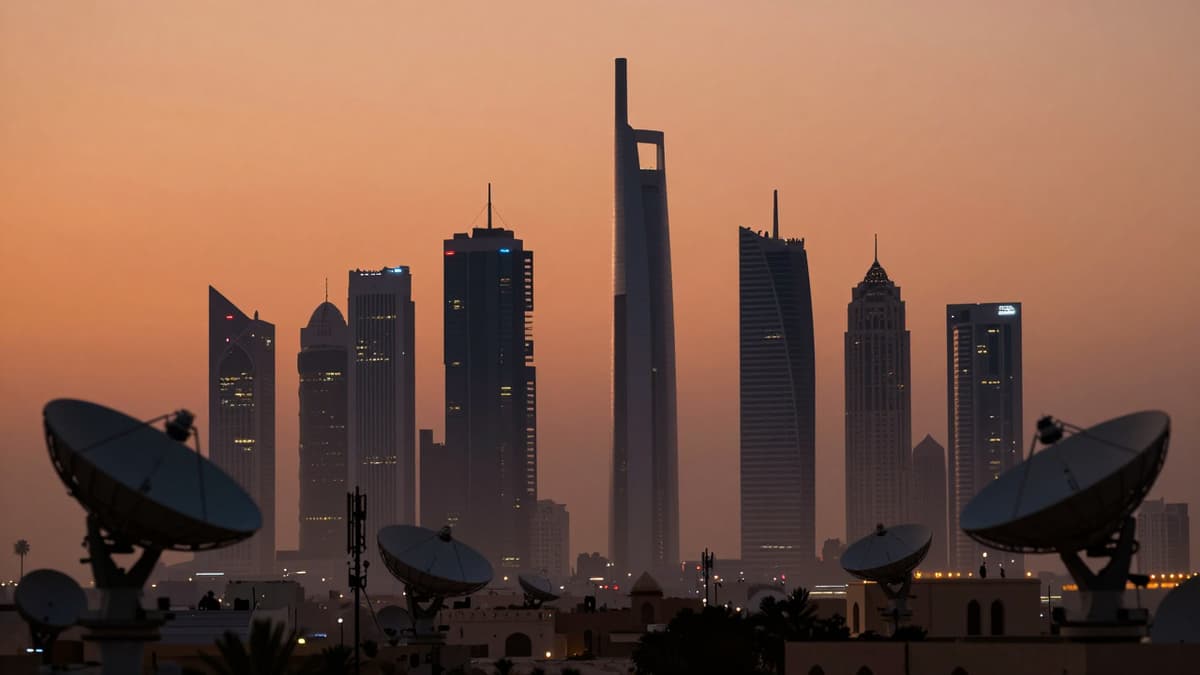 A digital rendering of a futuristic cityscape with signal towers symbolizing tech warfare threats in the Middle East.