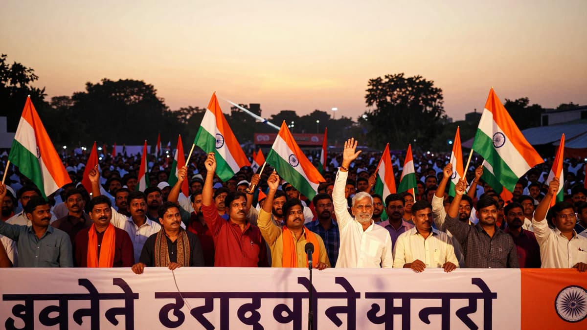 Indian voters waving saffron and tricolor flags at a vibrant election rally during a political campaign event.