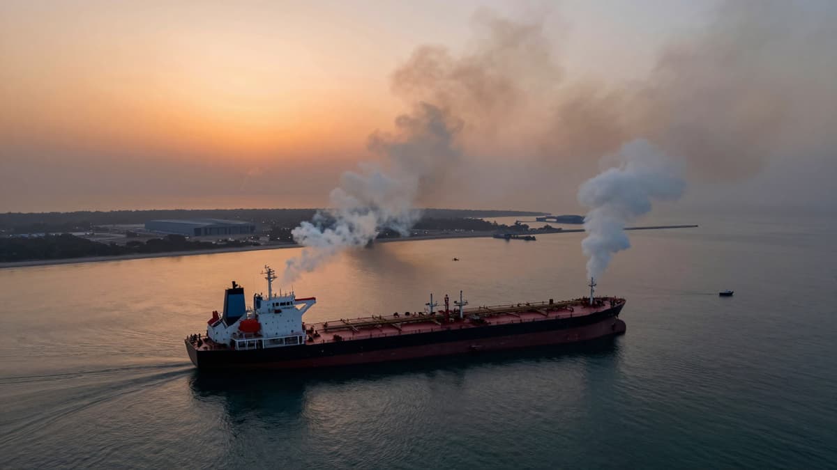 An aerial view of a burning oil tanker near a military airbase in the Persian Gulf amidst smoke from recent strikes.