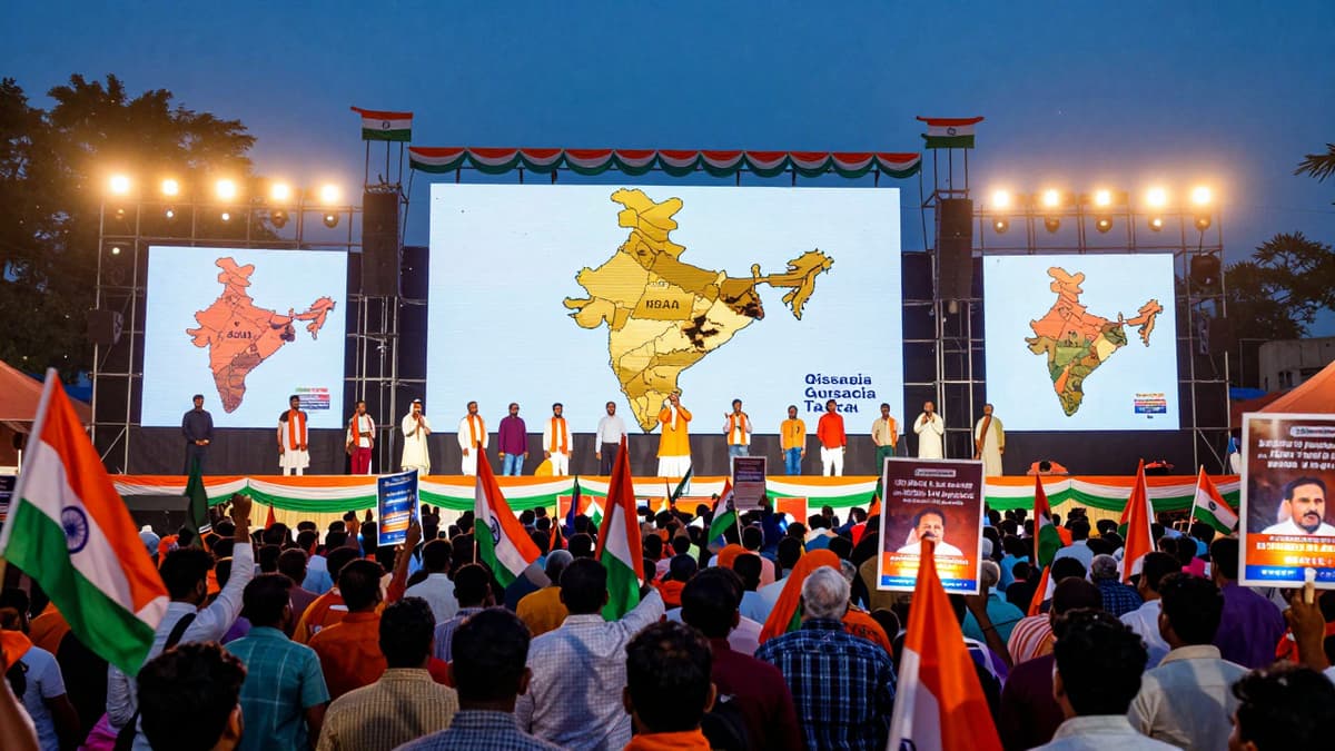 A photorealistic crowd at an Indian political rally with saffron and tricolor flags and a map of India on a stage screen.