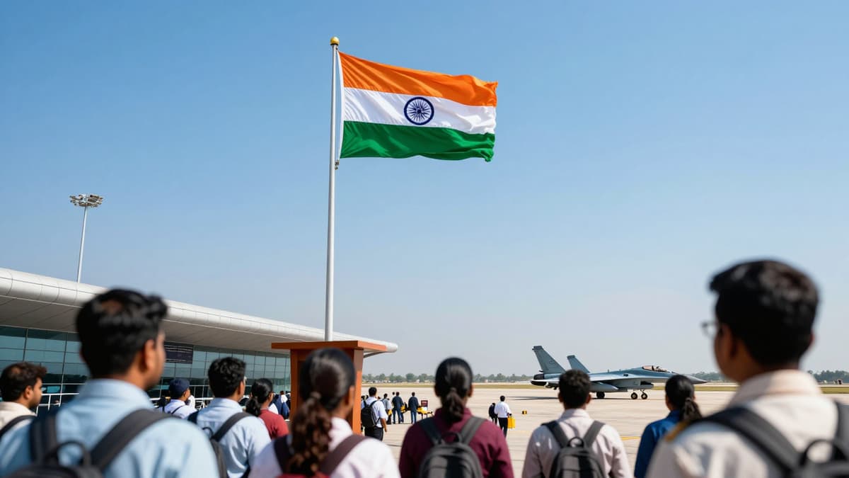 Indian flag waving at a modern airbase with a fighter jet on the tarmac and a crowd watching a rally.