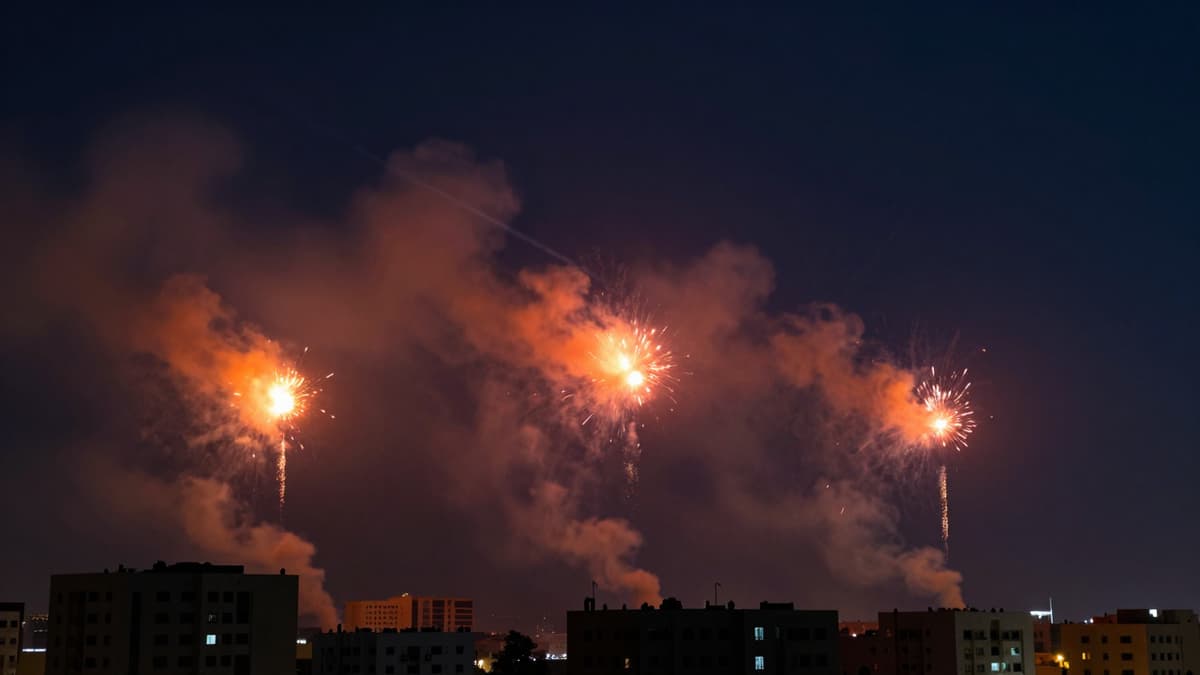 Distant explosions illuminate the night sky over a Middle Eastern city skyline during a military conflict.