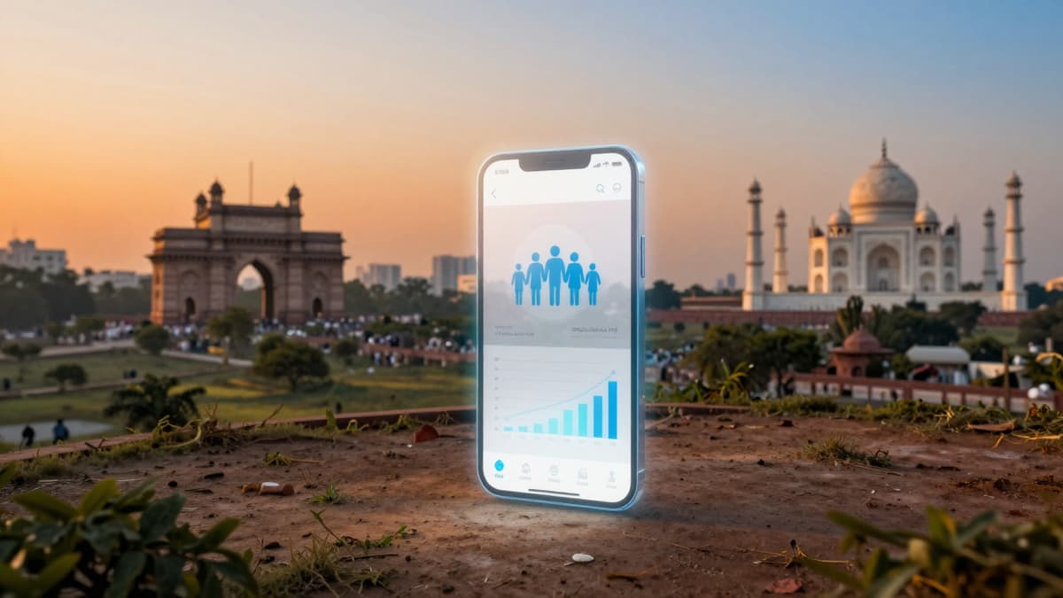 A holographic smartphone interface displaying census data forms floats over an Indian landscape with monuments, symbolizing the digital shift in India Census digital operations.