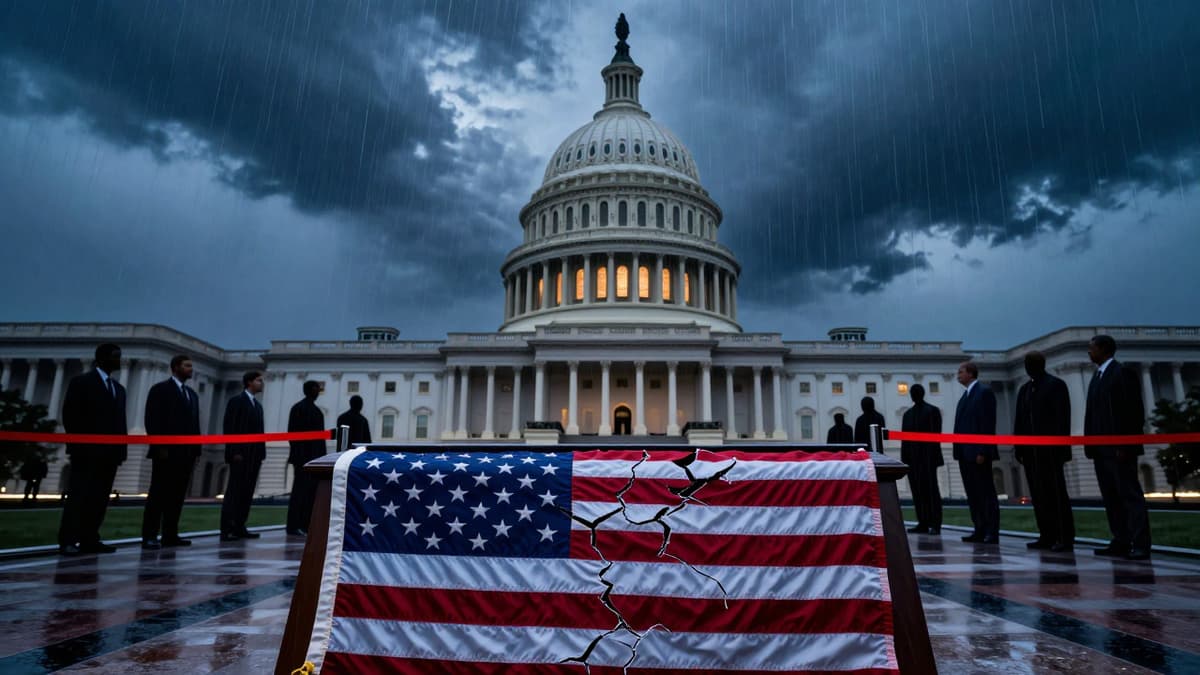 U.S. Capitol building under stormy skies with a shattered flag symbolizing division.