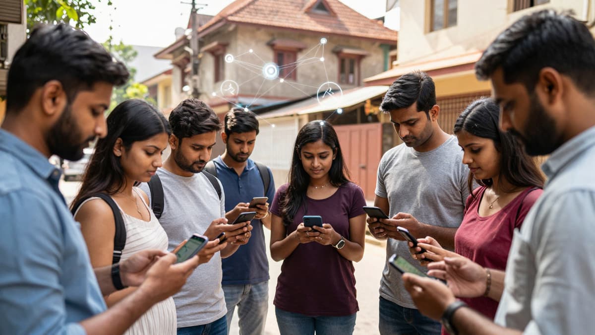 Indian citizens using smartphones for digital census data submission on a residential street.