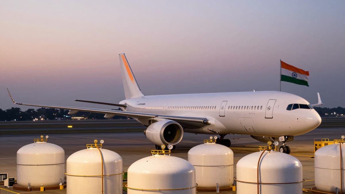 Realistic photo of Indian airport tarmac and LPG tanks representing energy sector costs.