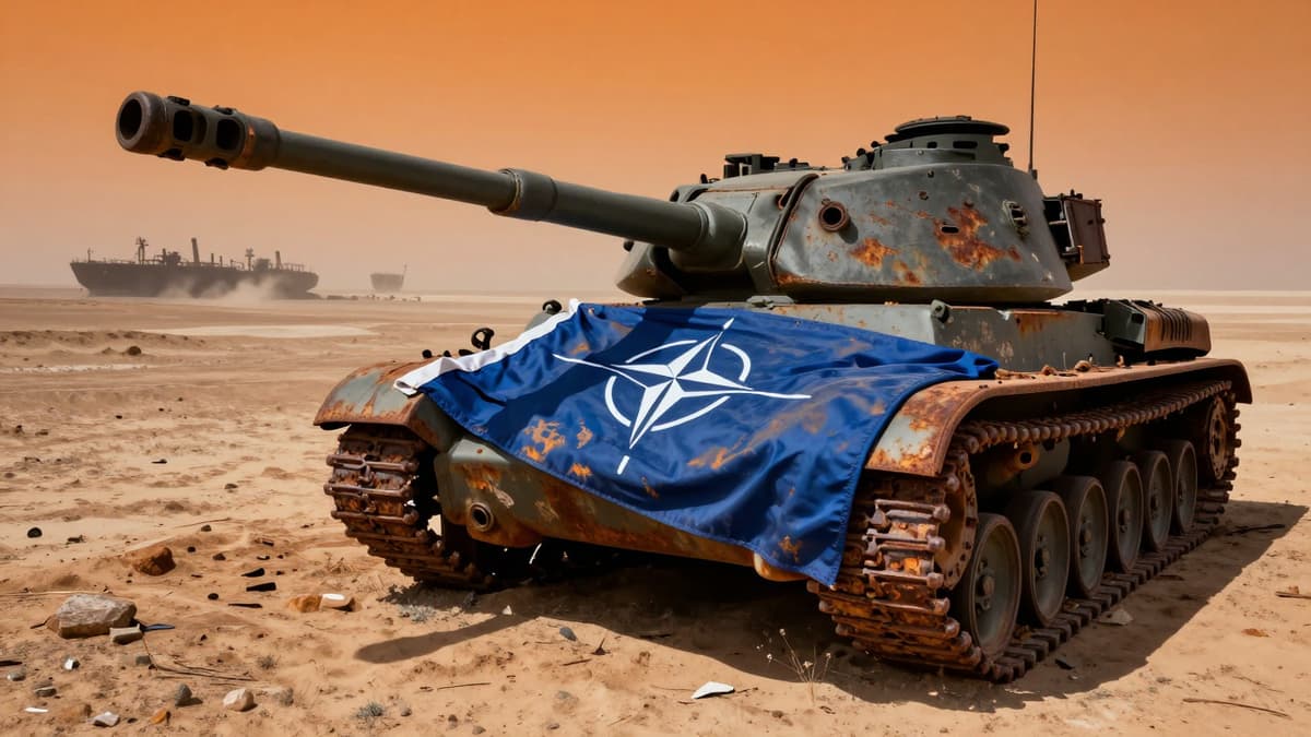 A rusted military tank with a crumpled NATO flag in a desert oil field.