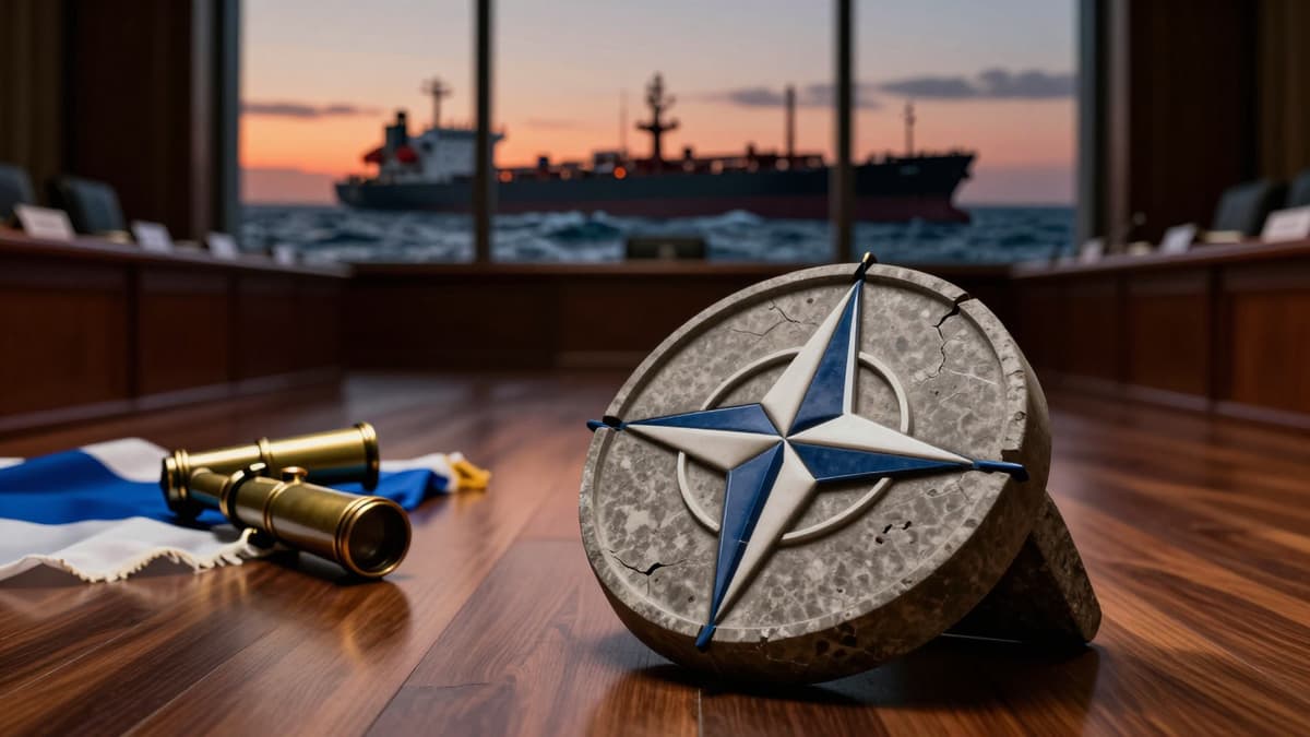 A broken stone NATO emblem lies on a conference room floor near a blurred oil tanker and a tattered flag, symbolizing a crisis in global security.