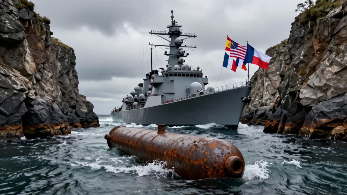 A naval vessel in a blocked narrow strait with national flags waving in the background.
